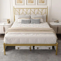 Queen Size Platform Bed Frame with Vintage Headboard, Metal Mattress Foundation for Storage, No Box Spring Needed, Easy Assembly