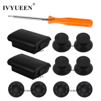 IVYUEEN Custom for Xbox 360 Wireless Controller 2 Black Battery Pack Cover Shell + 4 Analog Thumb Stick + 4 Thumbstick Grip Cap