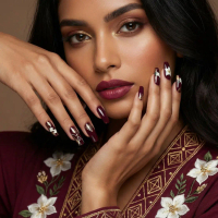 Luxury Floral Gold-Embossed Inverted Triangle 3D Gold-Plated White Lily Press-On Nails, Wine Red Man