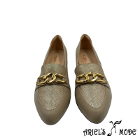 Ariels mode簡約英倫風金屬鏈尖頭羊皮方跟鞋 -杏色