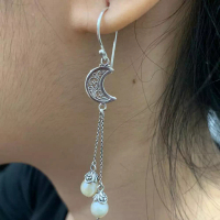 Kusuma Silver Anting Earrings Perak Silver Bali Panjang Hook Bulan Moon Sabit Rantai Mutiara Asli 925 Korea