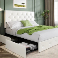 Allewie Upholstered Queen Size Platform Bed Frame with 4 Storage Drawers and Headboard, Diamond Stitched Button Tufted, Mattress