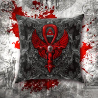 Gothic Throw Pillow, Decorative Accent Cushion, White Goth Home Decor, Dark Art, Alternative Home - Ankh Cross, Bloody White-1