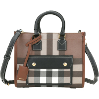 BURBERRY 巴寶莉  Freya 迷你款 格紋帆布拼接小牛皮肩背托特包(深樺木棕)