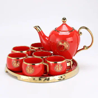 Chinese Wedding Supplies Red Ceramic Tea Set Teapot Porcelain Kettle Teaware with Handle Newlywed Banquet Party Supplies