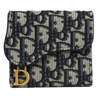 Christian Dior Saddle Lotus 經典老花帆布三折扣式短夾(深藍)