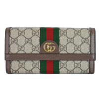 【GUCCI 古馳】523153 經典Ophidia系列GG帆布織帶皮革飾邊對開長夾(棕色)