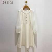 JESSICA - 甜美氣質收腰拼接烏干紗長袖洋裝225Z71（米色）