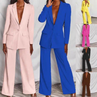Tesco Blazer Pant Sets Solid Women Suits 2 Piece V-Neck Single Breasted Jacket Straight Leg Trouser For Club Party ropa de mujer