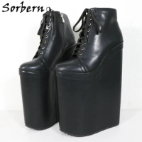 Sorbern 30Cm High Heel Wedge Boots Women 20Cm Platform Lace Up Drag Queen Fetish Shoes Unisex Short Booties Size 33-48