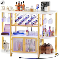 Bottle Wine Holder Stand Wine Cabinet With Outlet White Gold Liquor Bar With LED Light Coffee Bar Cabinet for Liquor and Glass