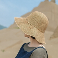 夏天日式草帽可折疊手工編織太陽帽女出游沙灘海邊遮陽防曬帽子1入