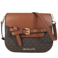 MICHAEL KORS Emilia 金字Logo防刮滿版MK皮革環扣腰帶蝴蝶結雙層馬鞍包(咖啡棕)