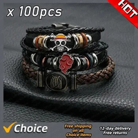 One Piece Luffy Pirate Bracelet Cartoon Action Figure Toy Straw Hat Punk Black Leather Braided Bracelet Cosplay Accessories Gift