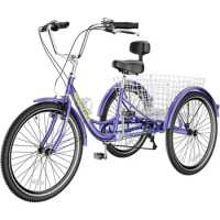 Adult Tricycles 7 Speed Adult Trikes 24 inch 3 Wheel Bikes Three-Wheeled Bicycles Cruise Trike with Shopping Basket for Seniors