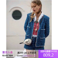 Wang Yibo Same style 23 early spring blue ribbon trim tweed small fragrance coat for women