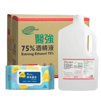 【醫強】75%酒精液 6桶組+克司博純水濕巾 1包(4000ml/桶+80抽/包)