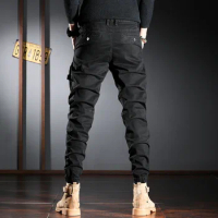 Autumn Men's Black Cargo Pants Fashion Casual Cotton Stretch Slim Fit Trousers