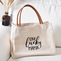 One Lucky Mama Funny Women Canvas Mom Grandma Nana Mimi Gigi Gift for Mother's Day Baby Shower Beach Travel Customize Tote Bag