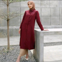 LONG TUNIK ELEGAN ATASAN WANITA Basic Kancing  Panjang Outer Muslim Belah Samping