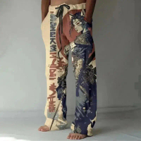 Men's Wide Pants, Harajuku Style, Japanese Art Crane Print, Loose Fit, Forked Top Cat and Bird Patte