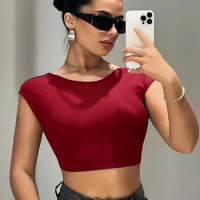 Mugen Solid Color T-Shirt Backless Tie Crop Sexy Slim T-Shirt Short Sleeves Top Round Neck 2024 Casual Summer Women's Clothing
