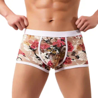 Men Sexy Lingerie Lace Boxer Briefs Breathable Underwear Panties Floral Print Comfortable Cotton Seamless Male Lingerie Pants