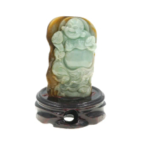 【喜緣玉品】天然黃加綠皮殼料翡翠歡喜彌勒擺件(直)