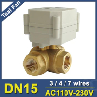 Brass 1/2'' (DN15) 3 Way T/L Type Horizontal Electronic Ball Valve AC110V-230V 3/4 Wires Metal Gear CE certified