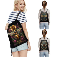 Cartoon Golden Bee Pattern Drawstring Bag Fantasy Dragonfly Flowers Backpacks Women Bookbag for Travel Storage Bags Shoes Holder