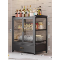 多功能收納櫥櫃(規格：曜石黑-三層防塵碗櫃帶抽屜+（掛鉤*4個））