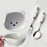 【戀戀家居】白熊陶瓷兒童餐具組3件組(8吋餐盤/叉子/湯匙)