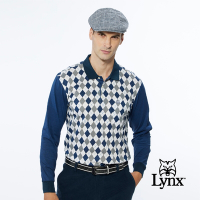 【Lynx Golf】男款純棉雙絲光英倫菱格紋路山貓LOGO胸袋款長袖POLO衫-深藍色