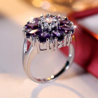 New Fashion Simple Rings For Women Purple Zircon Flower Shape Lady Ring Wedding Party Finger Jewelry Gift Female Engagement Ring