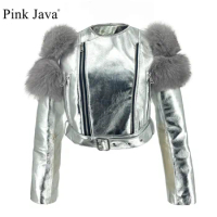 pink java QC21156 women real sheep leather jackets real fox fur coat fashion sheep skin jacket