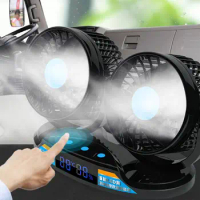 MITCHELL Car Double Head Fan 12V 24V Car Fan Truck 12 Speeds 360 Rotatable Cooling Fan with Temperature Humidity LED Display