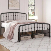King size bed frame metal platform bed with forged iron headboard and footboard/easy to assemble/black king size bed