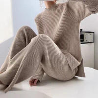 Women's Knitted Sleepwear Autumn Winter Long Sleeve Split Ladies Pajama Set 2 Pcs with Pant Solid Warm Pijama Suit for Female
