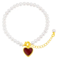 Pure 24K Yellow Gold Bracelet Women 999 Gold Red Colour Pearl Heart Bracelet