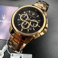 【MASERATI 瑪莎拉蒂】MASERATI手錶型號R8873621013(黑色錶面金色錶殼金色精鋼錶帶款)