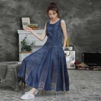 [米蘭精品] 連身裙牛仔洋裝-復古刺繡大擺背心裙女裙子74ad17