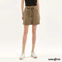 【Hang Ten】女裝-RELAXED FIT平紋可拆綁帶鬆緊短褲(橄欖綠)