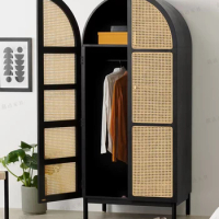 Wardrobe, bedroom, household, retro rattan woven Japanese solid wood wardrobe, floor to ceiling, easy to open door for adults