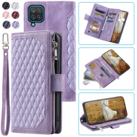 Fashion Zipper Wallet Case For Samsung A12 4G Flip Cover Multi Card Slots Cover Phone Case Card Slot Folio with Wrist Strap