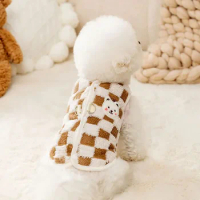 New Puppy Plaid Vest Bear Pulling Fleece Winter Teddy Warm Clothes Bichon Open Button Top Pet Casual Coat Cute Small Dog Clothes