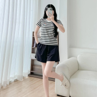 Tizionvn Áo thun nữ kẻ sọc cổ tròn vải cotton nguyên chất form babytea, áo thun kẻ sọc phom ôm thu đ