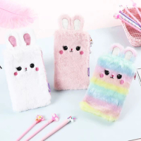 Plush Pencil Case Cute Cat Stationery Plush Pencil Cases Kawaii Back to School Supplies Pencil Bag Korean Rabbit Ears Pen Case