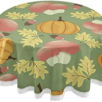 Circular Table Cover Pumpkins and Mushrooms On Thanksgiving for Buffet Table, Home,Parties, Holiday Dinner 60" Inch