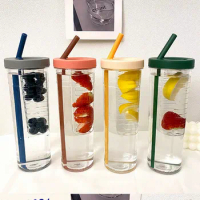 Plastic Water Bottle Portable with Straws Fruit Infuser Tea Juice Cup Fitness Sport Outdoor Travel Bottles Kettle Transparent
