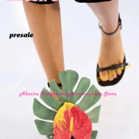 Anthurium Big Green Leaves Sandals Ankle Strap Square Toe Strange Style Women's Sandals 2023 New Design Runway Pre-sale Shoes